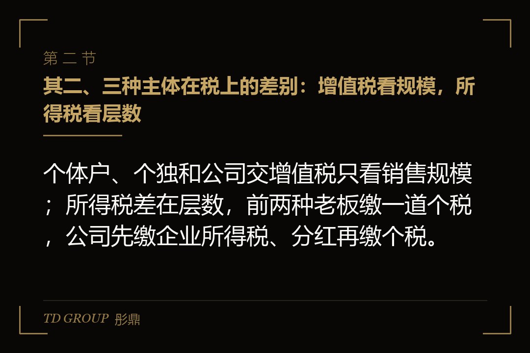 其二、三种主体在税上的差别:增值税看规模,所得税看层数