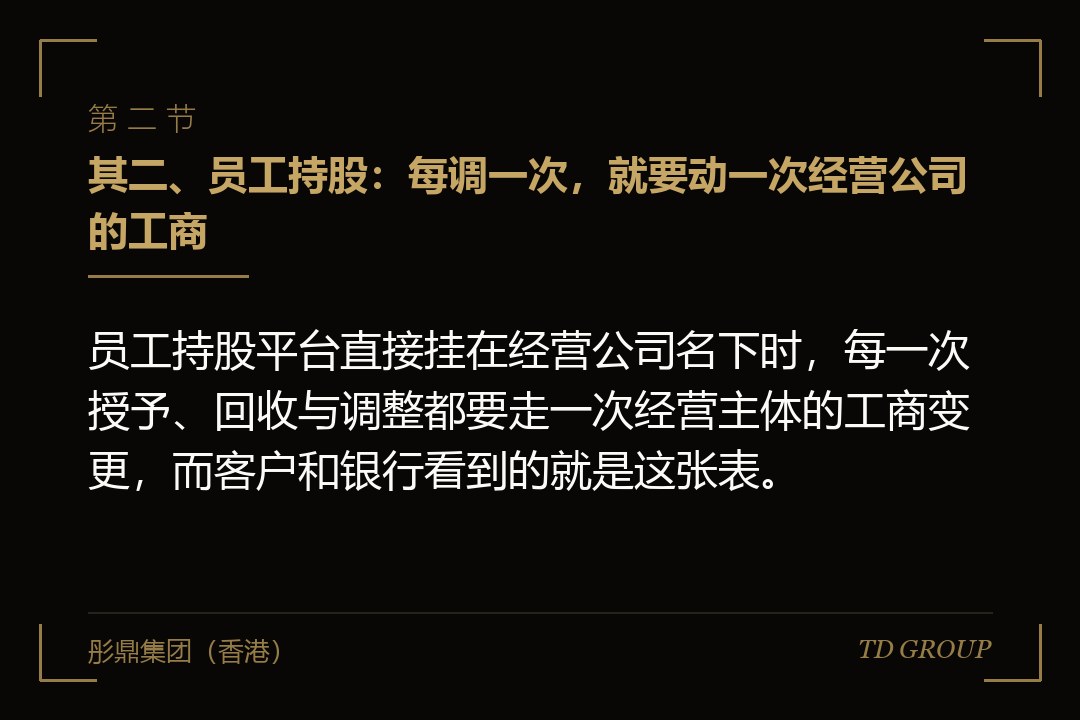 其二、员工持股：每调一次，就要动一次经营公司的工商